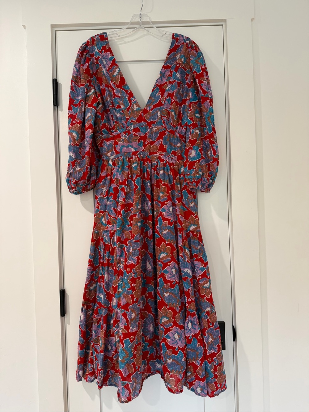 Caroline Constas Red Floral V-Neck Midi Dress with Puff Sleeves